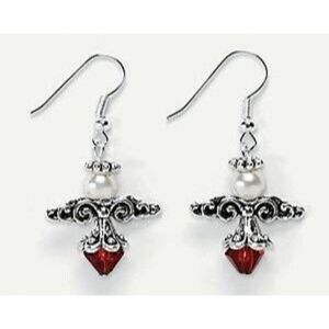 Red, White and Silvertone Beaded Angel Earrings